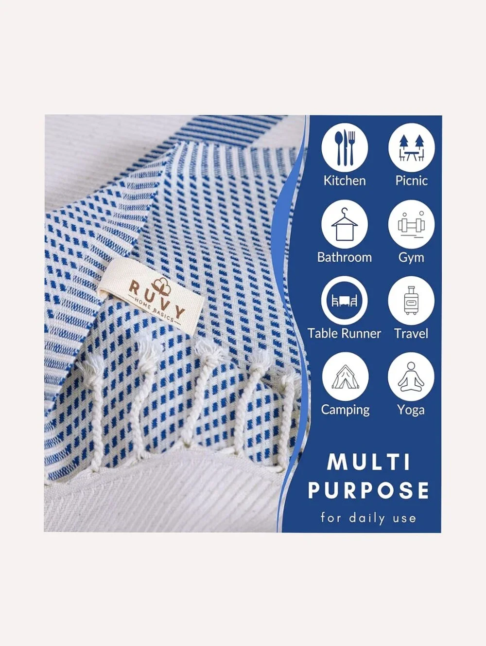 Ruvy NWT 4pk Turkish Cotton Stripe Hand Towels In Cream/Blue 18